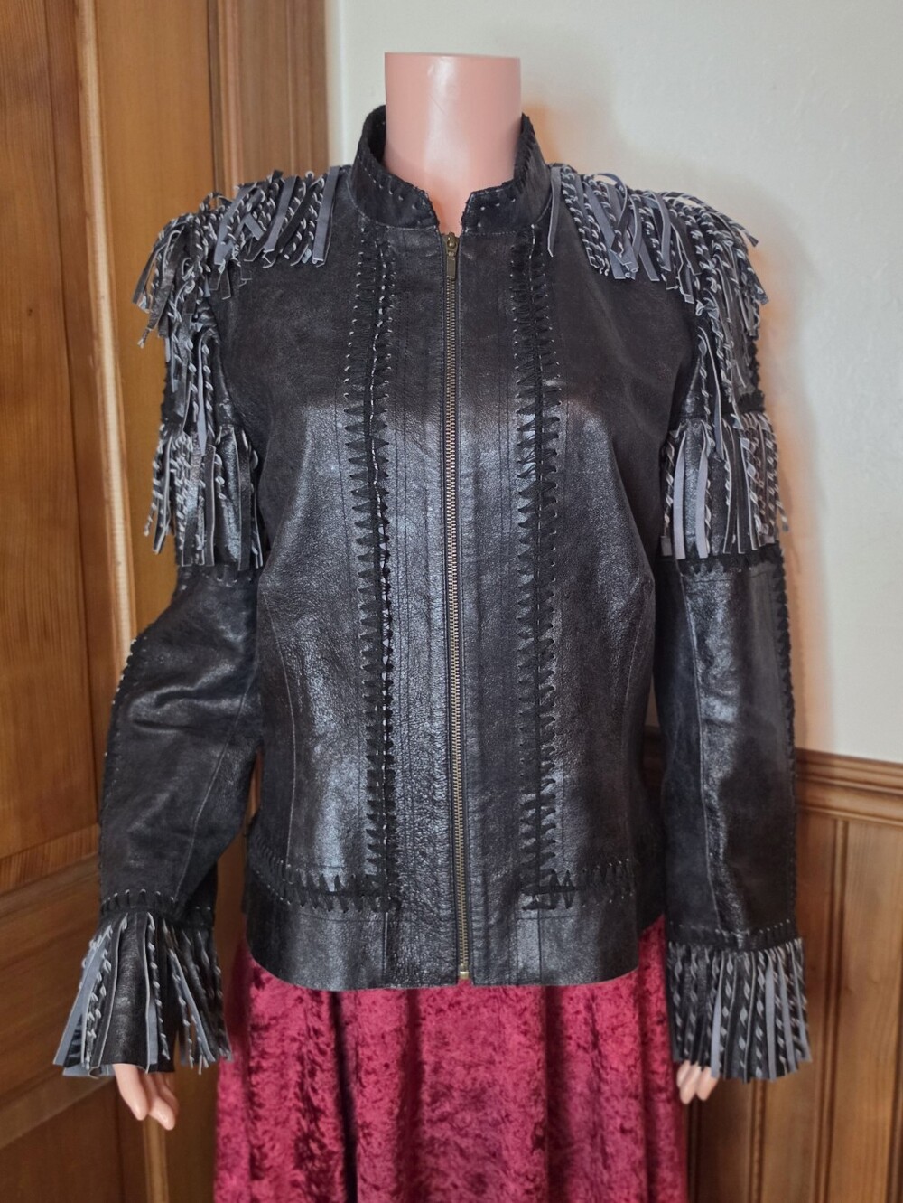 NWOT Vntg Double D Ranch Paint Your Wagon Black Leather Fringe Whipstitch Jacket - Picture 4 of 12
